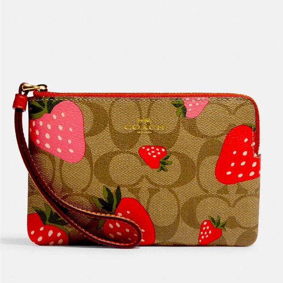 Coach Handbags - Coach Corner Zip Wristlet In Signature Canvas With Wild Strawberry Print